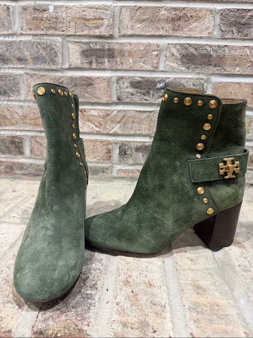 Tory Burch Olive Green Suede Studded Ankle Boots